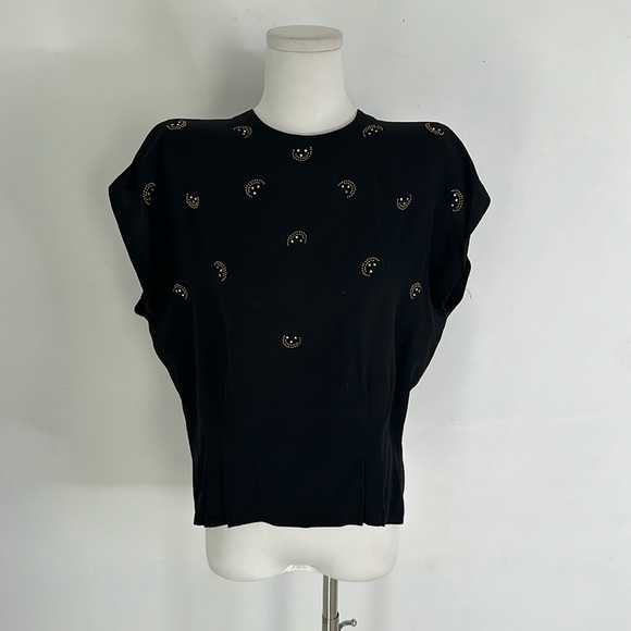Vintage Tops - Vintage 40s Black Rayon Blouse With Beaded Moon Accents